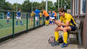 Een jonge hockeyer leert de spelregels op zijn telefoon, op de bank naast het veld