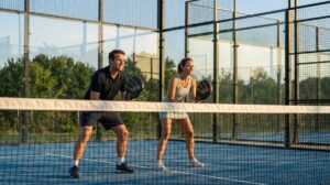 Twee padelspelers aan het net op een baan met glazen wanden