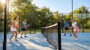 Vier padelspelers op een baan met glazen wanden